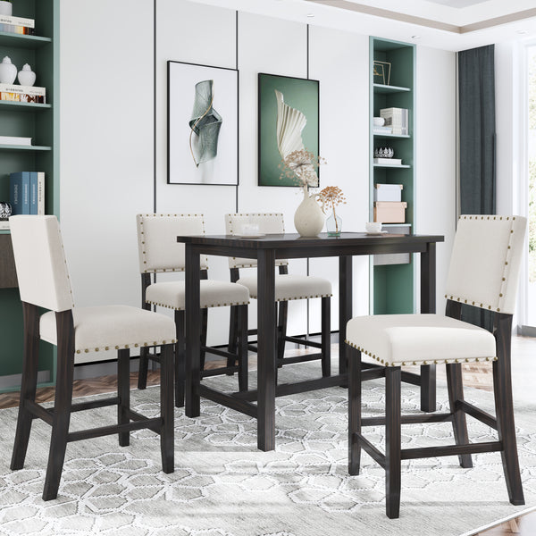 5 Piece Counter Height Dining Set with 4 Upholstered Chairs (Espresso+ Beige)