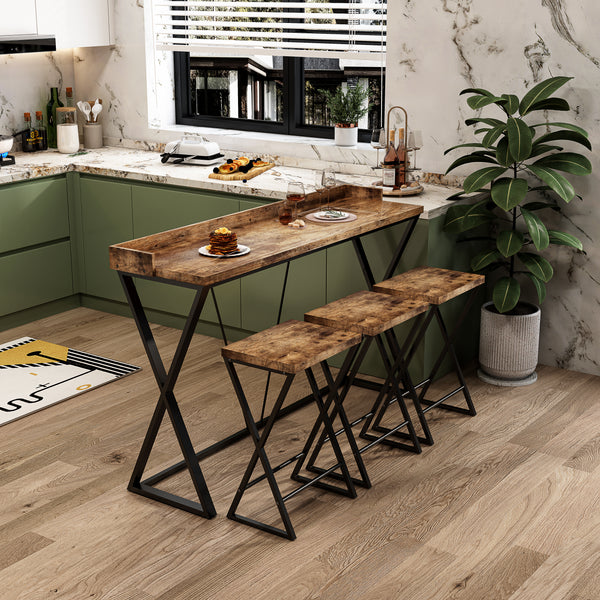 Natural Modern Dining Table with X-Shaped Table Legs and 3 Stools